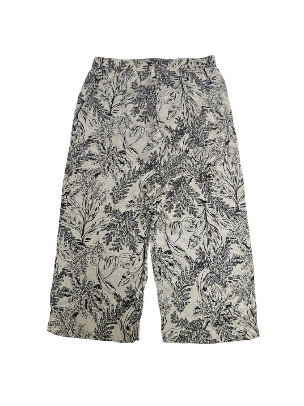 Tahari Black Leaf Print 100% Linen Elastic Waistband Wide Leg Crop Pants Size XL - Picture 3 of 12